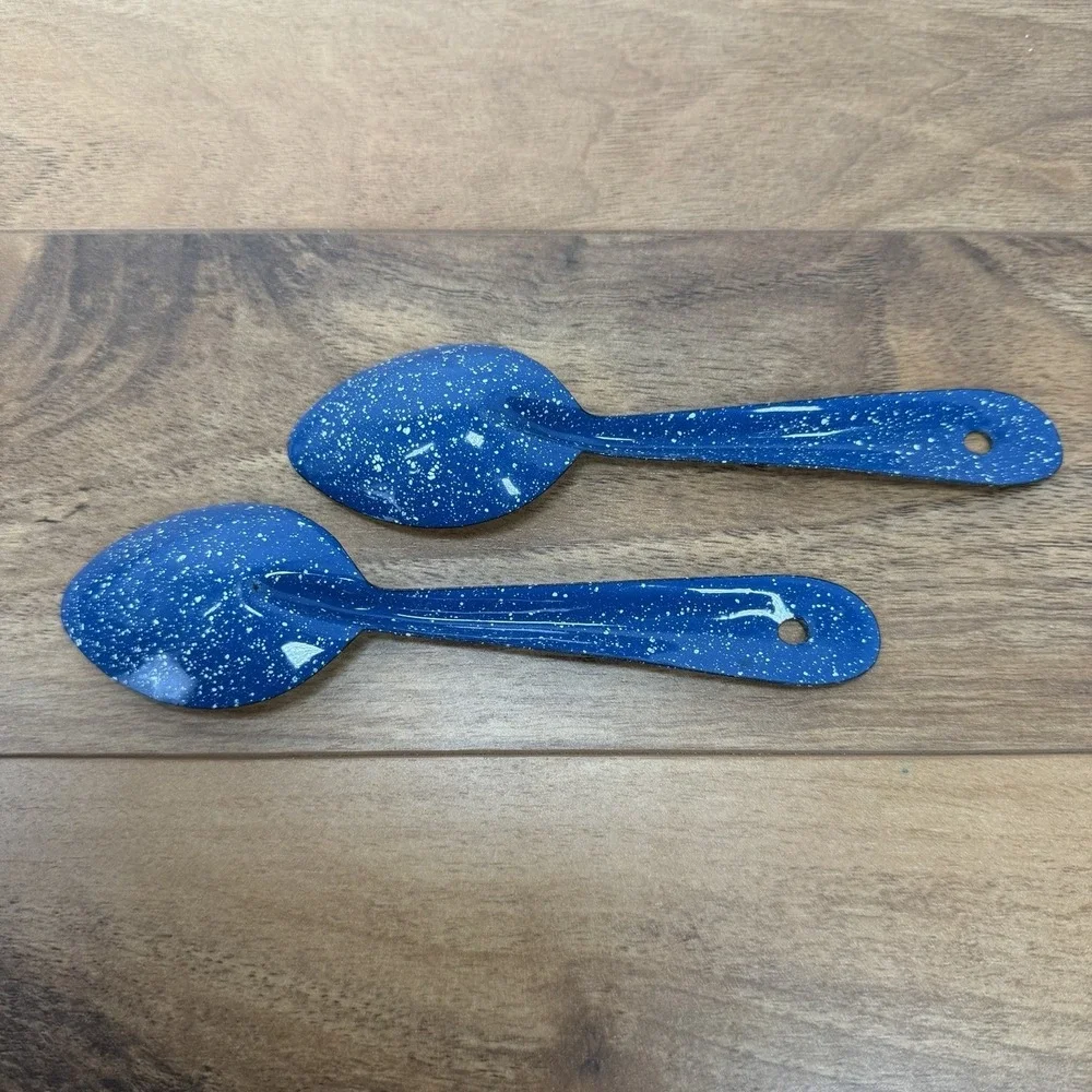 2pc Blue Speckled Enamel Granite Ware Camping Cottage Kitchen Granny Spoons
